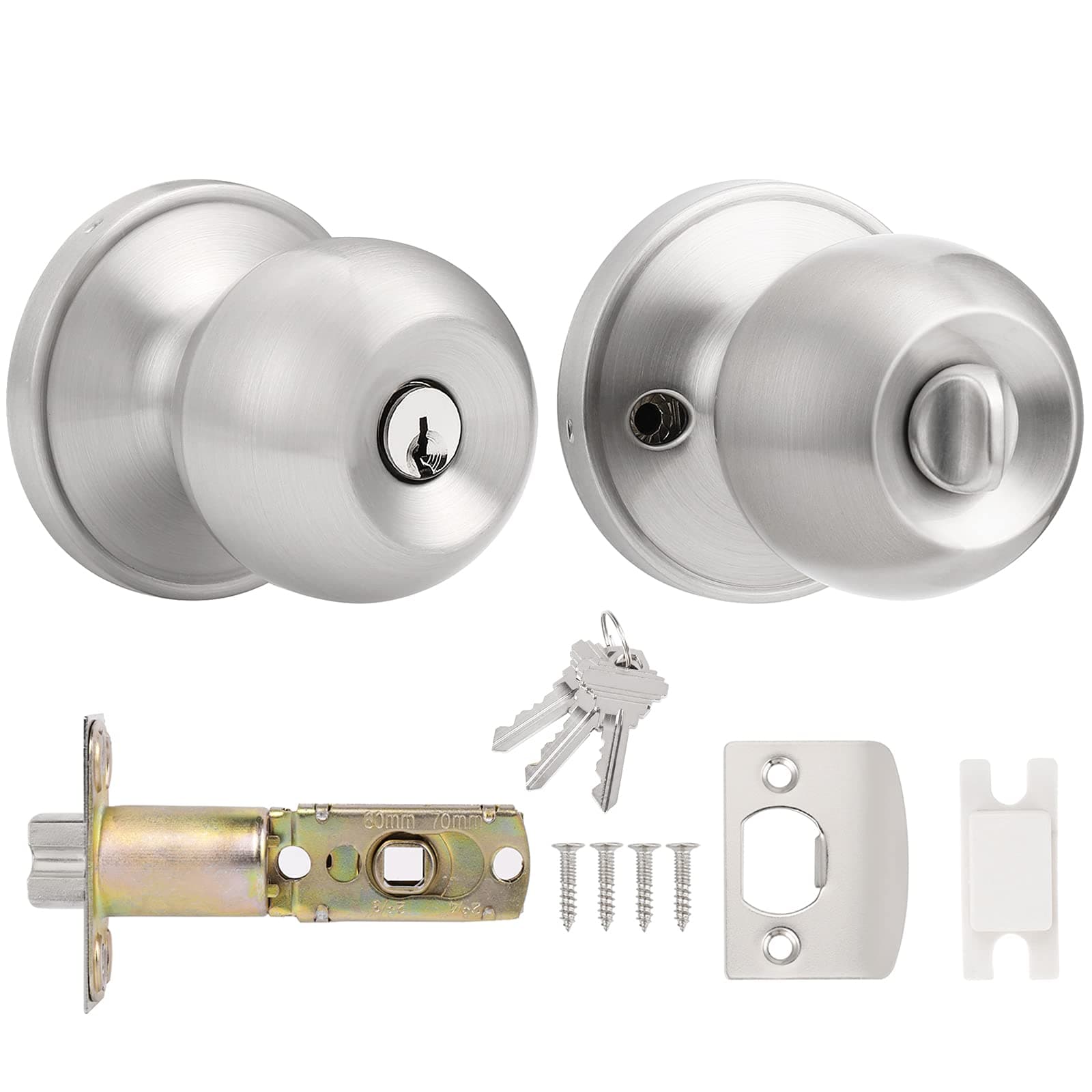 Probrico Entry Door Knob with Key Stainless Steel Exterior Door Knobs Round Security Front Door Lock Set Satin Nickel