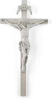 BC Catholic Crucifix Wall Cross, 10" H Jesus Christ Home Decor, Religious Gift, Wood Carved Look, Grey White Finish, Hand Painted by Buildclassic