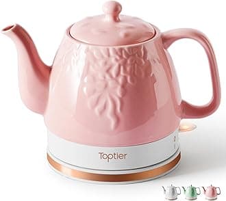 Toptier Electric Ceramic Tea Kettle, Boil Water Quickly and Easily, Detachable Swivel Base & Boil Dry Protection, Carefree Auto Shut Off, 1 L (1 LITER, Light Pink)