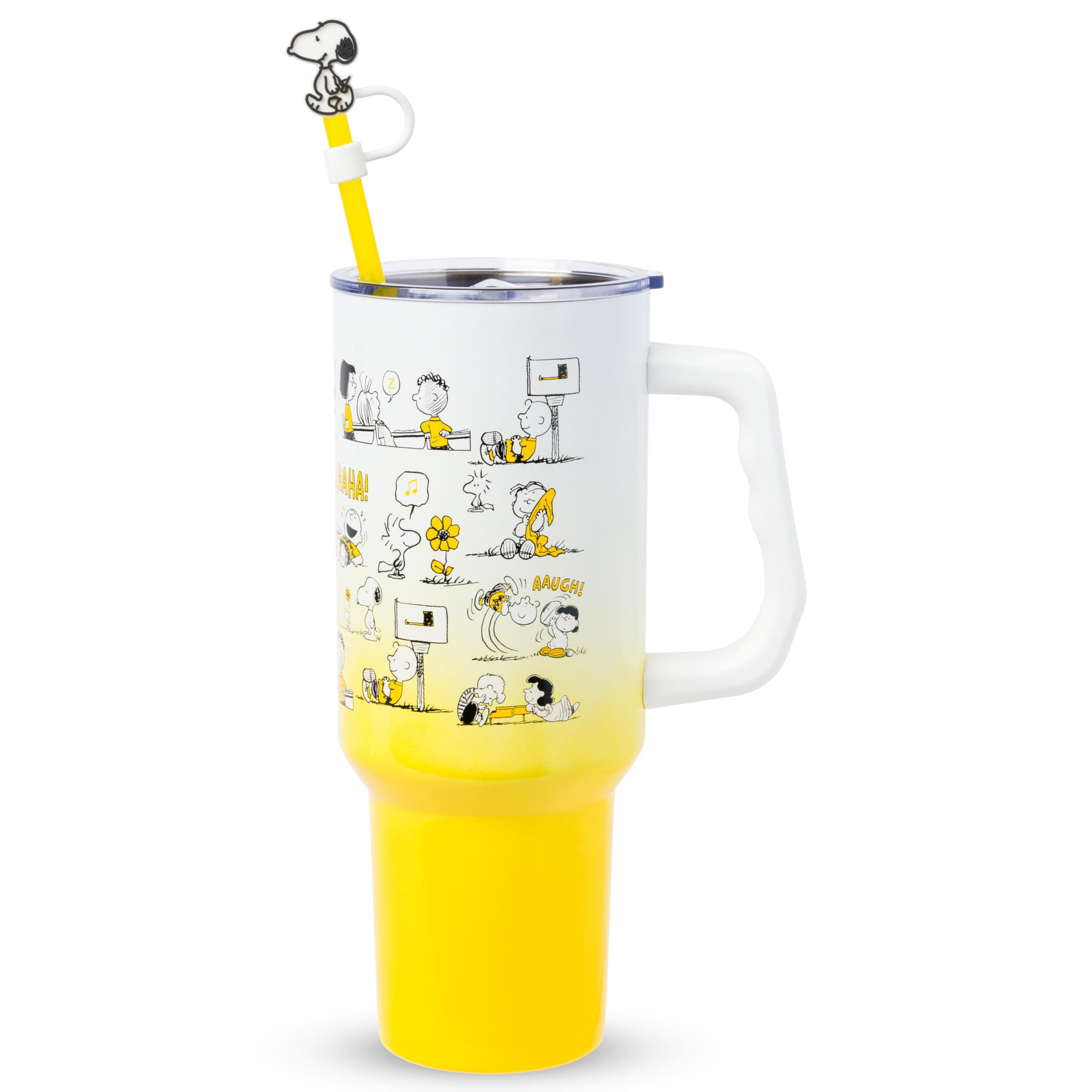 Silver Buffalo Peanuts Multi Pose Yellow Character Pattern Ombre 40oz Stainless Steel Tumbler with Straw, Lid, and Handle