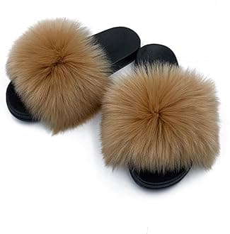 AuapTavwWomen's Faux Fur Slides Slippers Fluffy Fuzzy Sandals Open Toe Furry Slide Flip Flop Indoor Outdoor