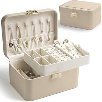 KAMIER Jewelry Organizer,2 Layer Jewelry Organizer Box for Earrings Bracelets Rings Necklaces,Luxury Leather & Soft Velvet Lined,Gift Box Packaging,Beige