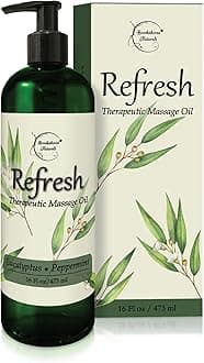 Refresh Massage Oil for Massage Therapy with Eucalyptus & Peppermint Essential Oils - All Natural, Great for Sore Muscles. Ideal for Full Body Relaxation – Nut Free Formula 16oz