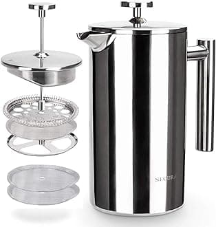 French Press Coffee Maker, 304 Grade Stainless Steel Insulated Coffee Press with 2 Extra Screens, 34oz (1 Litre), Silver