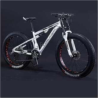 Mountain Bikes Men 26 Inch Adult Fat Tyre Mountain Bike with Full Suspension, High-carbon Steel Large Frame Dual Disc Brake Giant Bicycle,White Spoke,24 Speed