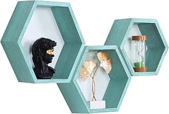 PHOENANCEE Hexagon Floating Shelves,Honeycomb Shelf Set of 3,Wood Farmhouse Hexagonal Decor Wall Storage for Living Room Bedroom Kitchen Office (Ocean Blue)