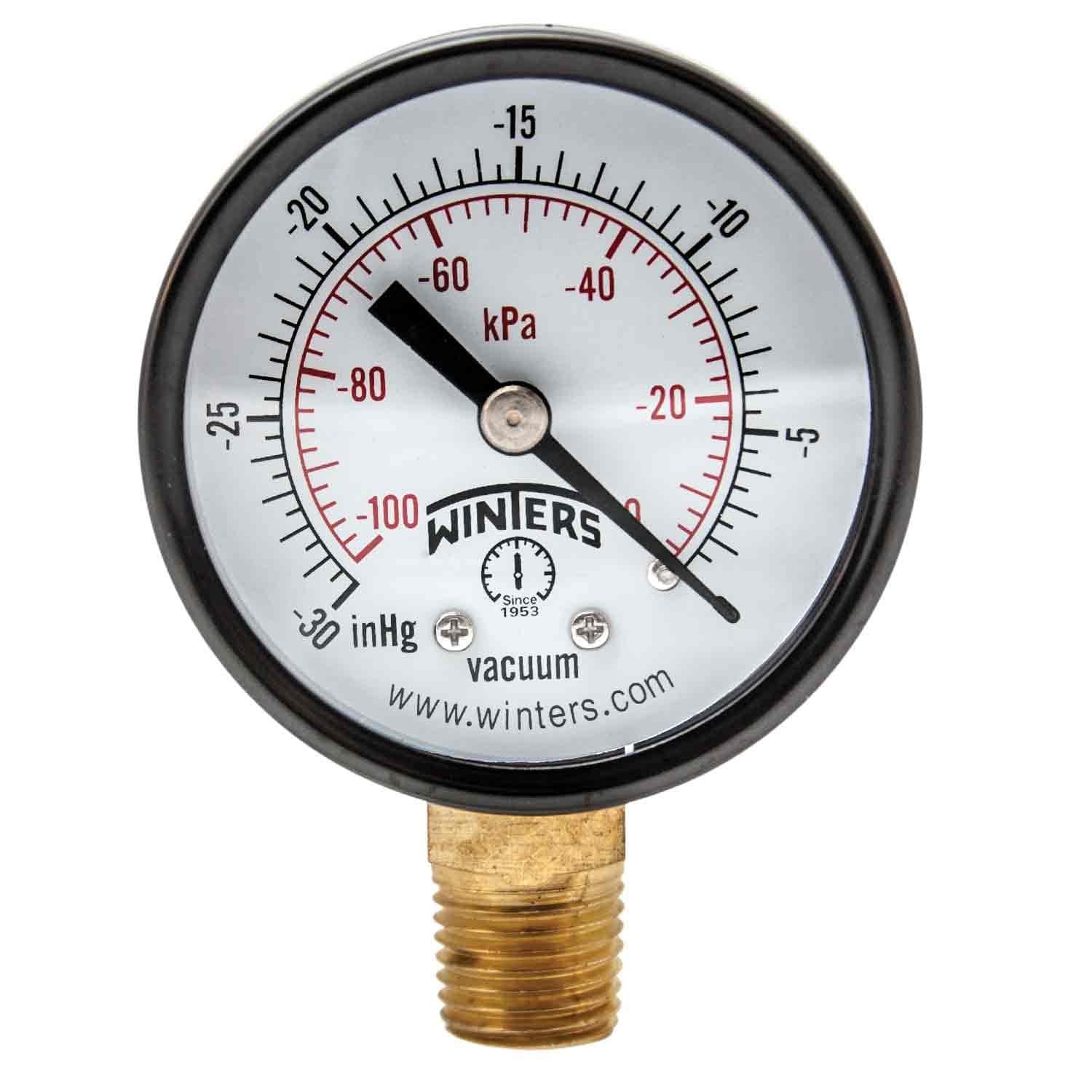Winters 2 inch Dial Size, Multi Function Economy Utility Dry Pressure Gauge, Brass Internals, Steel Case, Dual Scale 30 inch Hg-0 Vac/kPa, 3-2-3% Accuracy, 1/4" NPT Bottom Mount, Vacuum Pressure Gauge