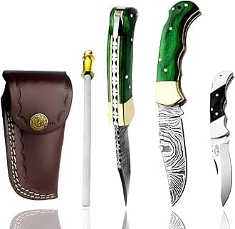 Best.Buy.Damascus1 Damascus Folding Pocket Knife Set – 4-Piece EDC Outdoor Gear with Green Wood Handle, Mini Blade, knives set Sharpener & Gift Box