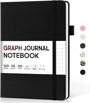 Taja Graph Journal Notebook for Women & Men, Hardcover Leather Journal for Writing, A5 Graph Paper Notebook for Planning & Tracking, Perfect for Office School Home Supplies, Black