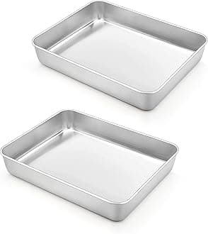 Rectangular Cake Pan Set of 2, 9.3ââ‚¬â„¢ââ‚¬â„¢ x 7ââ‚¬â„¢ââ‚¬â„¢ x 2ââ‚¬â„¢ââ‚¬â„¢, Small Stainless Steel Lasagna Cake Brownie Baking Roasting Pan, Non-toxic & Dishwasher Safe, Heavy