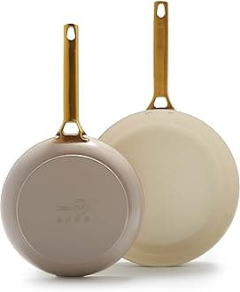 Hard Anodized Healthy Ceramic Nonstick 10" and 12" Frying Pan Skillet Set, Gold Handle, PFAS-Free, Dishwasher Safe, Oven Safe, Taupe