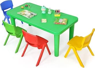 HONEY JOY Kids Table and 4 Chair Set, 48 x 24 Inch Children Rectangular Study Table w/Stackable Seats, 4 Pcs Plastic Activity Toddler Furniture Set for Playroom Daycare, Gift for Boys Girls (Colorful)