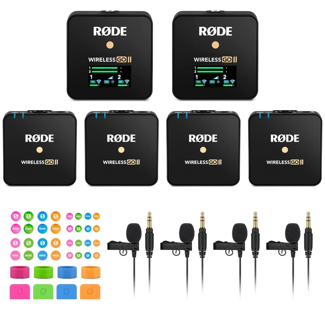 Rode Wireless GO 2 Dual Compact Digital Wireless Microphone System (Pair) with 4X Lavalier GO Lapel Microphones and Colored Microphone Identifiers