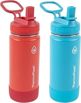 Kids Bottle with Straw Lid - Durable & Dishwasher-Safe Water Bottles & Lids - Leak-Proof Bottle Lid Design - Reusable Water Bottles for Everyday Use - 16 oz, Red/Blue (2 Pack)