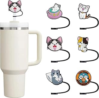 6Pcs 10mm/0.4in Diameter Silicone Straw Covers Cap Compatible with Stanley 30&40 Oz Cup, Cute Straw Toppers for Stanley 40 Oz Tumbler with Handle, Dust-Proof Straw Caps for Water Bottle, Cat