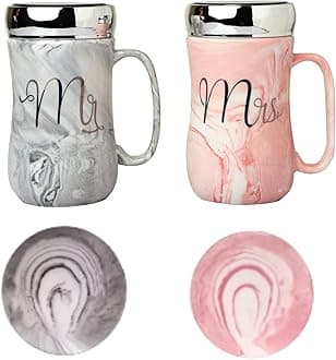 NYRWANA Coffee Mug, Marriage Gifts for Wedding, Wedding Present for Couples, Couple Present, Christmas Gifts, Mr & Mrs Set of 2 Coffee Mugs, Lids and Beautiful Gift Box (250ml - Ceramic)