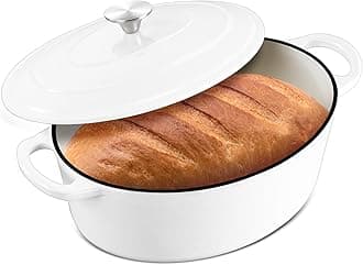 7 Quart Oval Dutch Oven with Lid, Leonyo 7QT Enameled Oval Cast Iron Dutch Oven for Sourdough Bread Breaking, Heavy Duty Cookware for Braising, Stews, Roasting, White