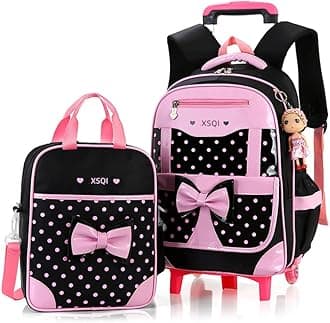 MITOWERMIRolling Backpack for Girls Trolley School Bags Cute Bowknot Backpack with Wheels Carry-on Travel Luggage with Handbag Toddler Elementary Princess Bookbags