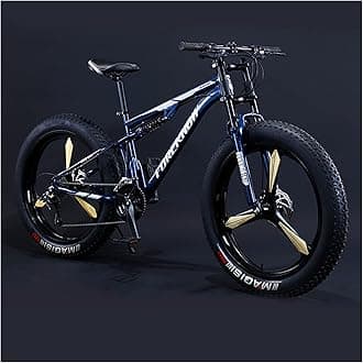 Mountain Bikes Men 26 Inch Adult Fat Tyre Mountain Bike with Full Suspension, High-carbon Steel Large Frame Dual Disc Brake Giant Bicycle,Blue 3 Spoke,7 Speed