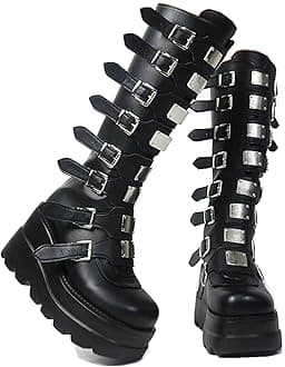 High Platform Knee Boots Chunky Heel Wedge Black Boots For Women Combat Goth Punk Motorcycle Booties Zip up With Metal Buckles Size5-11