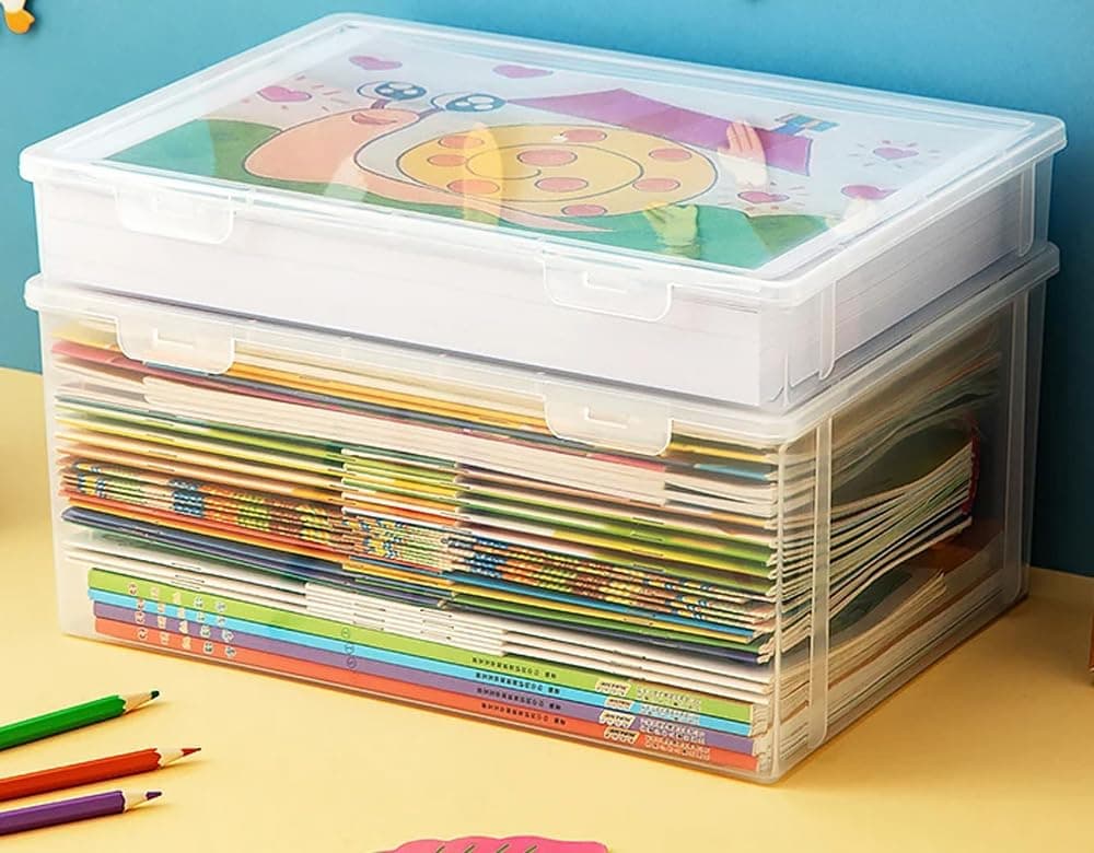 Premify 2Pcs Book Storage Box with Lids, Stackable Clear Plastic Boxes Office Organizer to Store Doccuments & Stationery, Can Store Beads Kids Toys Cars Blocks Cubes Cratfs Puzzle Etc