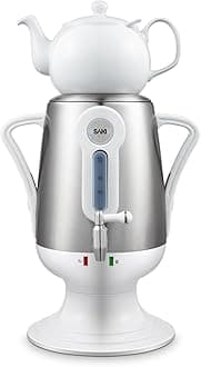 Saki Electric Kettle (3.2 l 110 V) Samovar Tea Maker with Porcelain Tea-Pot Stainless-Steel Infuser Keep Warm Mode - Hot Water Heater - Brew Tasty Green Black Turkish Russian Persian Tea (White)