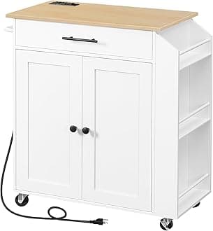 HOOBRO Kitchen Island with Power Outlet, Kitchen Storage Island with Spice Rack and Drawer, Rolling Kitchen Cart on Wheels, for Home, Kitchen and Dining Room, White and Natural WN82UZD01G1