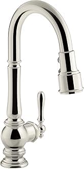 KOHLER K-99261-SN Artifacts Single-Hole Kitchen Sink Faucet with 16-Inch Pull-Down Spout, 3-Function Sprayhead, and Turned Lever Handle, Vibrant Polished Nickel