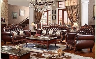 Lsgf Luxury Design Leatherette Sofa Set With Soild Sagwan Wooden Carving Work Single Sofa Chair Sofa Set For Living Room Or Bedroom (3+2+1 With Center Table, Dark Brown)