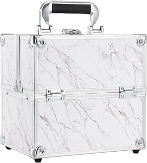 Frenessa Marble Leather Makeup Train Case Portable Cosmetic Case 4 Trays Storage Organizer for Make Up Nail Tech Crafter Makeup Tools Cosmetic Case Marble