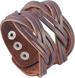 Jenia Genuine Leather Cuff Bracelet Punk Braided Bracelets Rock Leather Wristbands Religious Gothic Adjustable Wrap Bracelet for Men, Boy, Kids, Biker, Women Gifts