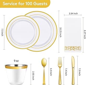 Goodluck 700 Piece Gold Dinnerware Set for 100 Guests, Disposable for Party, Include: 100 Gold Rim Dinner Plates, 100 Dessert Plates, 100 Paper Napkins, 100 Cups, 100 Plastic Silverware Set