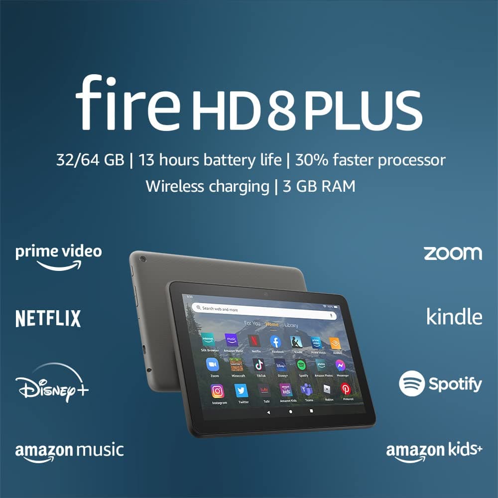 Amazon Fire HD 8 Plus tablet, 8” HD Display, 64 GB, 30% faster processor, 3GB RAM, wireless charging, (2022 release), Gray