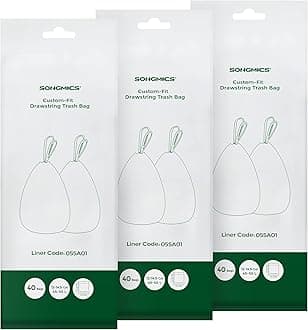 SONGMICS Trash Bags for 12-14.5 Gallon (45-55L) Trash Cans, Drawstring Kitchen Garbage Bags, Pre-Separated, Liner Code 055A01, 3 Rolls, 120 Count, White UKRB055A03