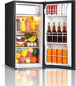 Seaoola Mini Fridge with Freezer, Single Door 3.1 Cu.Ft, Compact Mini Refrigerator, LED Light, Adjustable Thermostat, Removable Glass Shelves, Small Refrigerator for Dorm/Office/Bedroom(Black)
