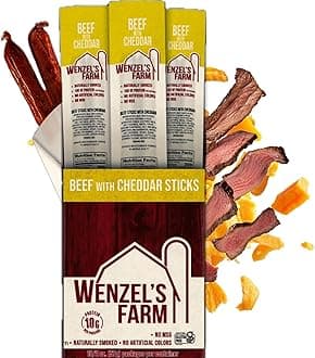Wenzel’s Farm Beef with Cheddar Sticks │Snack Sticks │ Flavorful, Naturally Smoked │ High Protein, Low Carb │ No MSG, Fillers, Binders, Artificial Colors │ Gluten Free | 32 sticks (16 packs of 2)