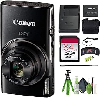 Canon PowerShot IXY 650 (ELPH 360) HS Compact Digital Camera 12x Optical Zoom IXY650 (Black) Bundle with 64GB Memory Card + Camara Bag + Card Reader + Vlogging Tripod + Cleaning Kit + More