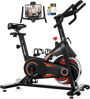 Exercise Bike, Spin Bike with App for Home Use, Indoor Cycling Bike with Curved Handlebar, Stationary Bike with LCD Display & Bluetooth Connection, Comfortable Seat, 350LBS Capacity