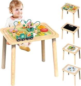 3-in-1 Baby Activity Table for 6-36 Months Old Kids Wooden Activity Center Sensory Play Table for Toddlers with Bead Maze Shape Sorter Montessori Toys Sand Table Must Have Birthday Gift for Girls Boys