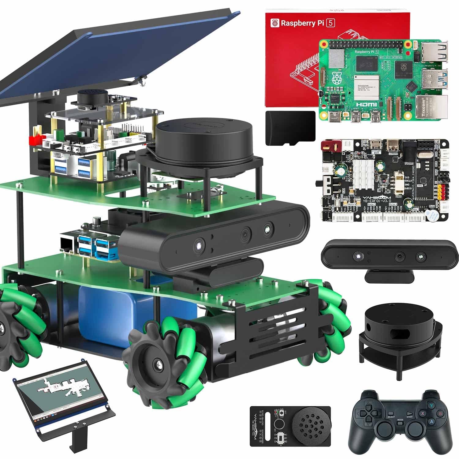 Yahboom ROS2 AI Camera Robot Car Kit Python Programming Engineering Project AI Vision Mapping Navigation 360°Movement for Mechanical Engineers（Sup ver with Pi 5 8GB）