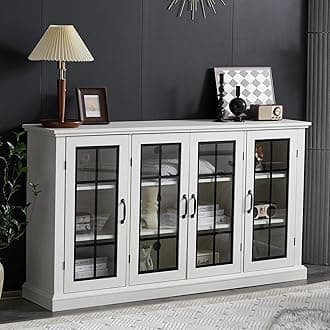 AMERLIFE 63" Sideboard, 6 Adjustable Shelves Sideboard Buffet Cabinet with 4 Doors, Accent Storage Credenzas for Dining Room, Living Room, Distressed White