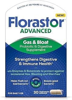 Florastor Advanced Gas and Bloat Probiotic, Digestive Enzymes and Botanicals, Plus Probiotics for Digestive Health, 30 Capsules