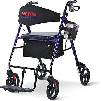 Metro Mobility 2 in 1 Rollator Walker & Transport Wheelchair, Foldable Lightweight Rollator Walker with Seat for Seniors, 8" Big Wheels for All Terrain, 300 lb. Weight Capacity, Purple