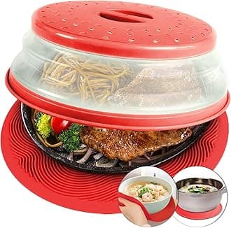 2 in 1, Microwave Mat & Food Cover- Mat as Bowl Holder, Cover for Splatter Guard, Multi-use: Silicone Trivet, Pot Holders, Drying, Baking, Place Mat, Utensils Rest for Kitchen Counter, Red