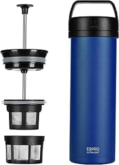 P0 Ultralight French Press Coffee Maker for Travel, Vacuum Insulated Stainless Steel, 16 Ounces, Blue