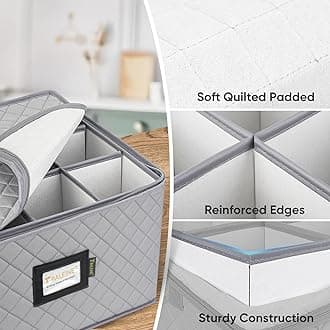 BALEINE China Storage Containers, Sturdy Quilted Wine Glass Storage, Plate Organizer with Carry Handles and Dividers, Moving Boxes for Dishes, Cups, Mugs and Stemware (Wine Glasses Storage, Grey)