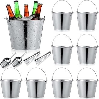Zopeal 24 Pcs Galvanized Beer Buckets Set, 16 Metal Pails with 4 Scoops & 4 Tongs, 7 Inch Rustic Ice Bucket for Parties, Wedding Centerpieces, Planters, Candy Buffet & Event Decor (Silver)