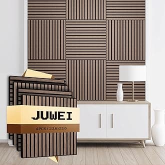 Wood Slat Acoustic Panels (4 Pack / 23.6"x23.6" /Covers 15.5 Sq. Ft.) – 3D Textured Wall Panels for Noise Reduction & Modern Decor, Soundproof Panels for Living Room & Bedroom (4# Walnut)