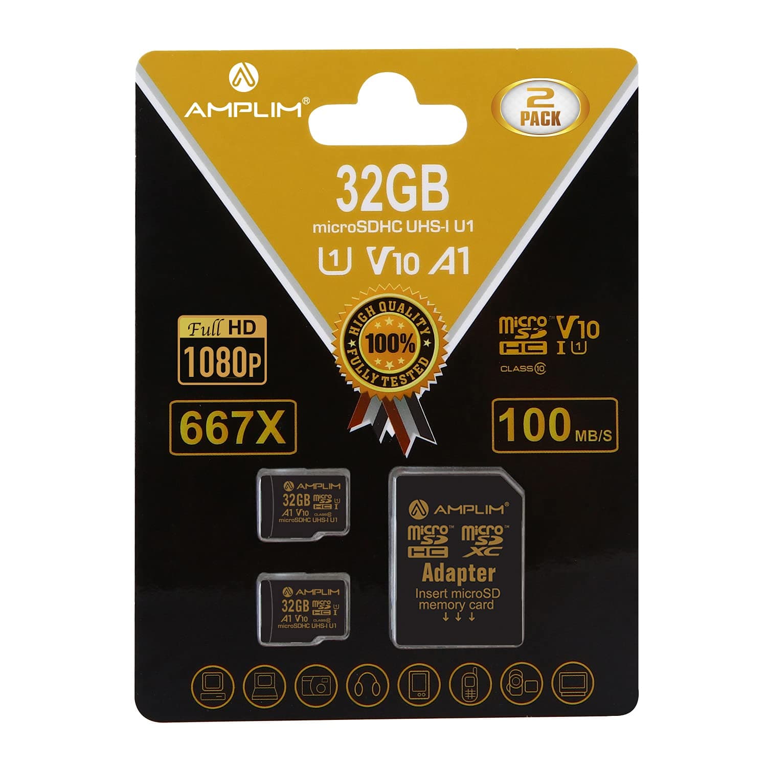 Amplim 32GB Micro SD Card, 2 Pack MicroSD Memory Plus Adapter, MicroSDHC Class 10 UHS-I U1 V10 TF Extreme High Speed Switch, Raspberry Pi, Phone Galaxy, Camera Cam, Tablet, PC