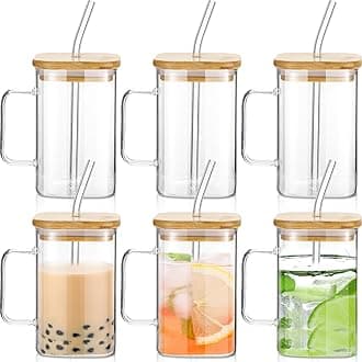 Rtteri 6 Set Glass Cups Square Drinking Glasses with Bamboo Lid Straw and Handle Appreciation Gifts for Employee Coworker Portable Coffee Mugs(18 oz, Large,Clear)